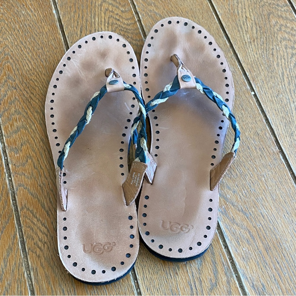 UGG Women's Tan Leather Sandals with Black & Cream Braided Straps